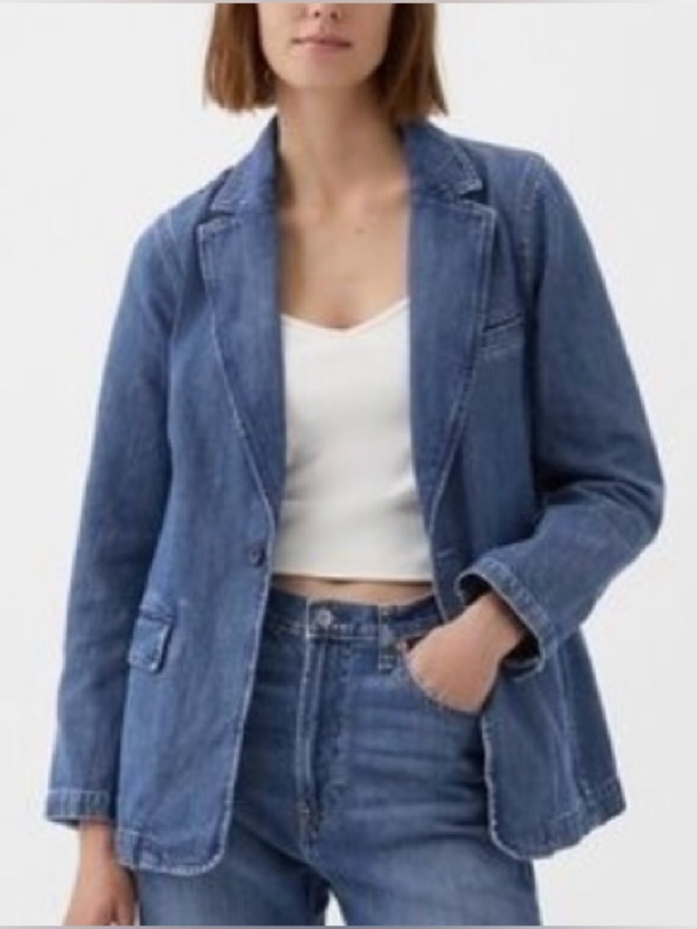 GAP Women's Blue Denim Fitted Blazer Jacket. Size 6